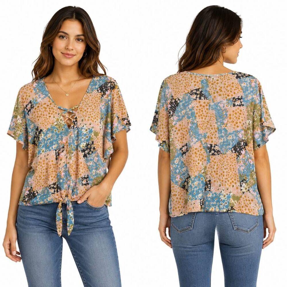 Daytrip Patchwork Floral Tie Front Short Sleeve Top M